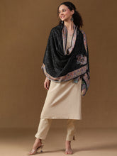 Heritage Printed Midnight Black Wool Blend Scarf with Paisley Border Detailing for Women