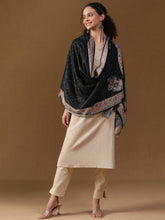 Heritage Printed Midnight Black Wool Blend Scarf with Paisley Border Detailing for Women