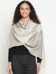Contemporary Abstract Reversible Wool-Blend Tonal Beige Stole for Women with Striped Border