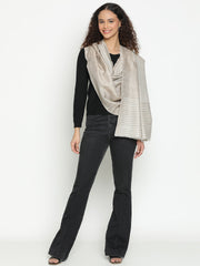 Contemporary Abstract Reversible Wool-Blend Tonal Beige Stole for Women with Striped Border