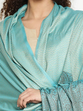 Herringbone Weave & Paisley Border Modal Wool-Blend Aqua Blue Stole for Women
