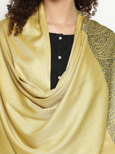 Herringbone Weave & Paisley Border Modal Wool-Blend Green Yellow Stole for Women