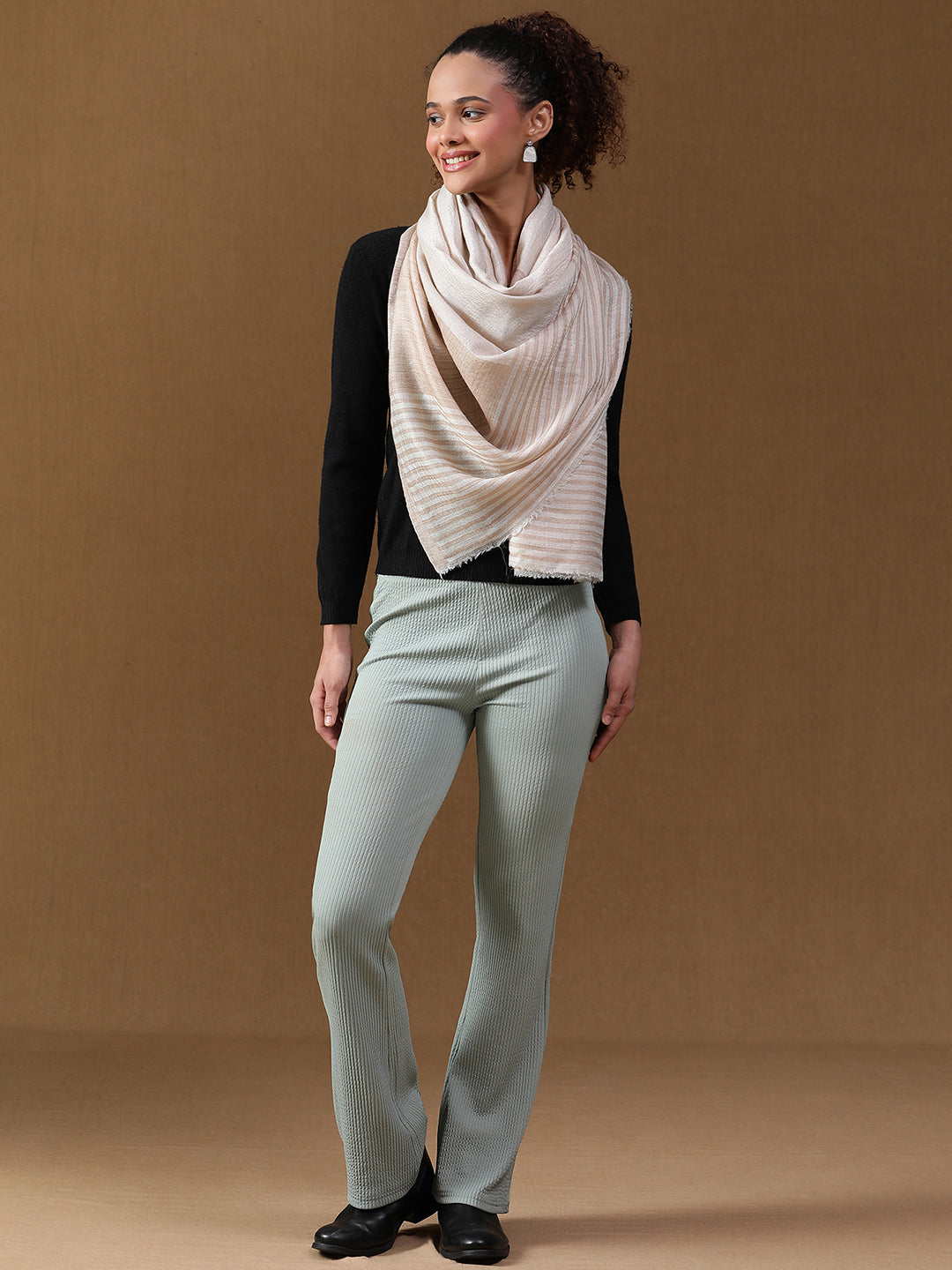 Contemporary Abstract Reversible Wool-Blend Toosh Ivory Stole for Women with Striped Border