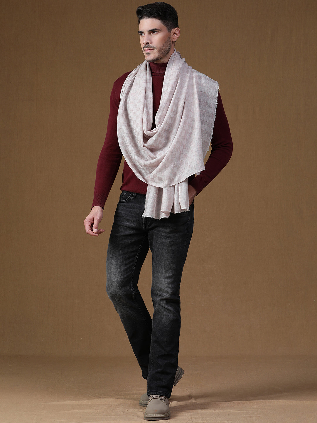 Contemporary Wool-Blend all over Checkered Weave Pastel Ivory Muffler