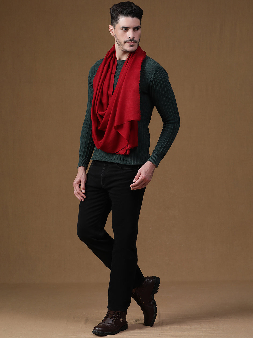Formal Wool Blend Muffler for Men – Deep Red Accent