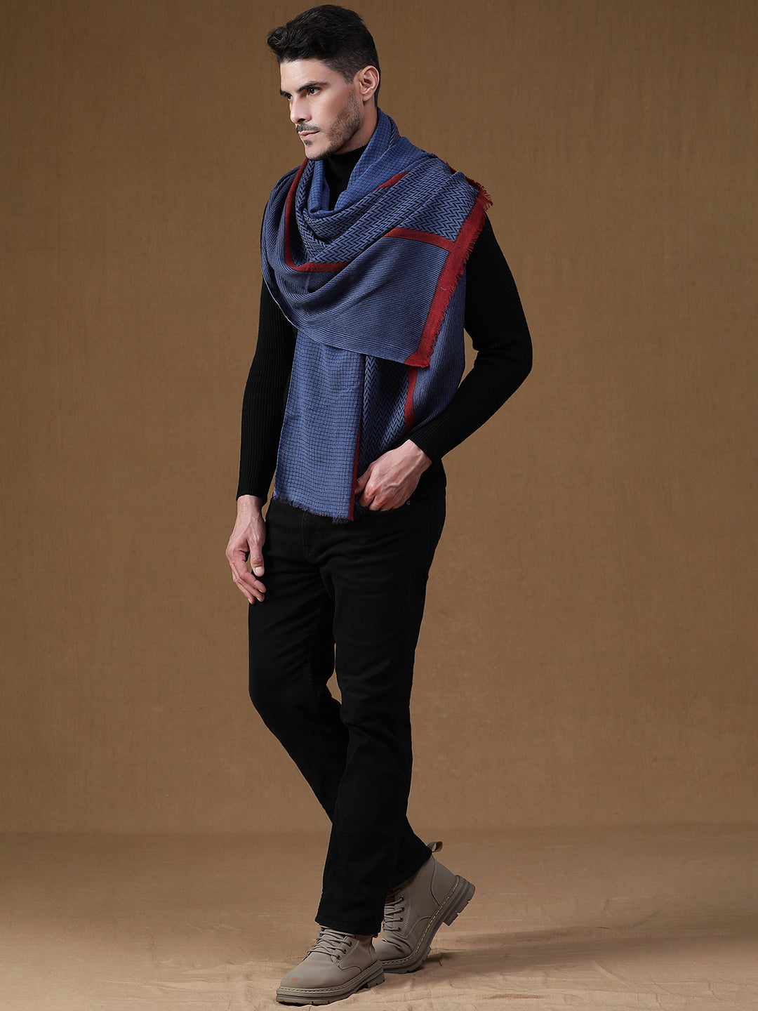 Printed Twill Weave Wool Scarf for Men – Navy & Black with Red Border