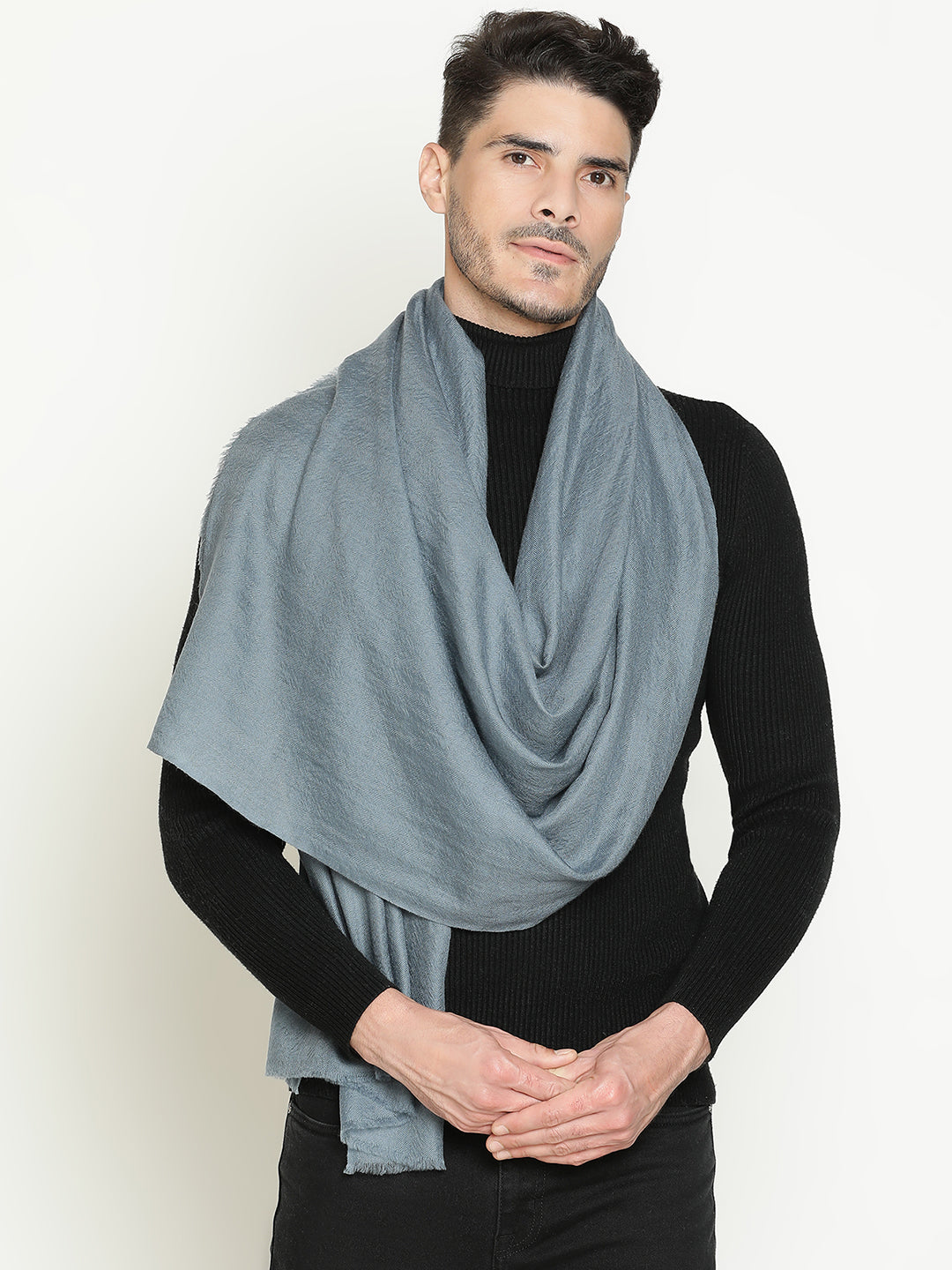The Classic Weave – Pure Cashmere Herringbone Stole in Steel Grey