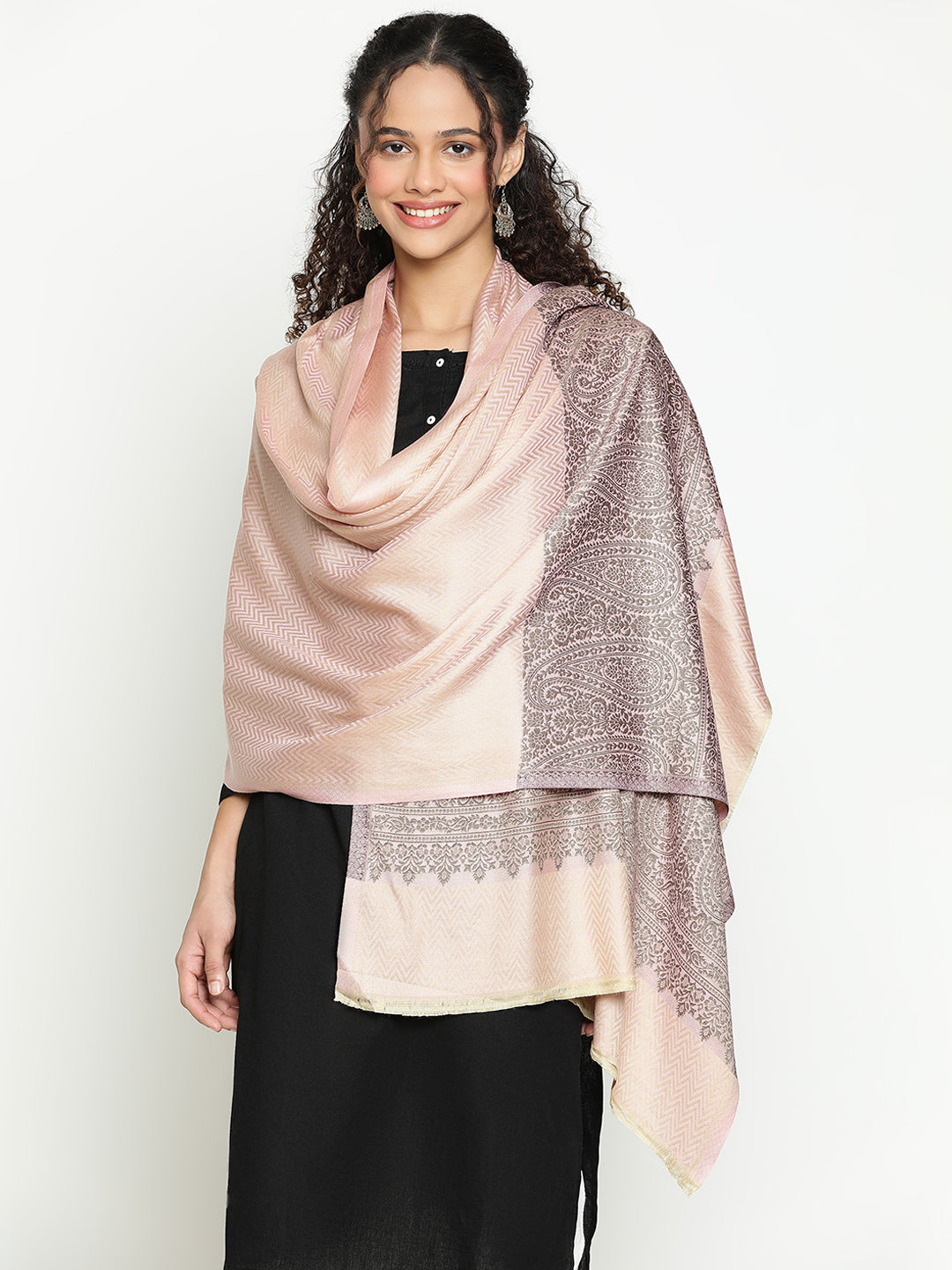 Herringbone Weave & Paisley Border Modal Wool-Blend Peach Pink Stole for Women