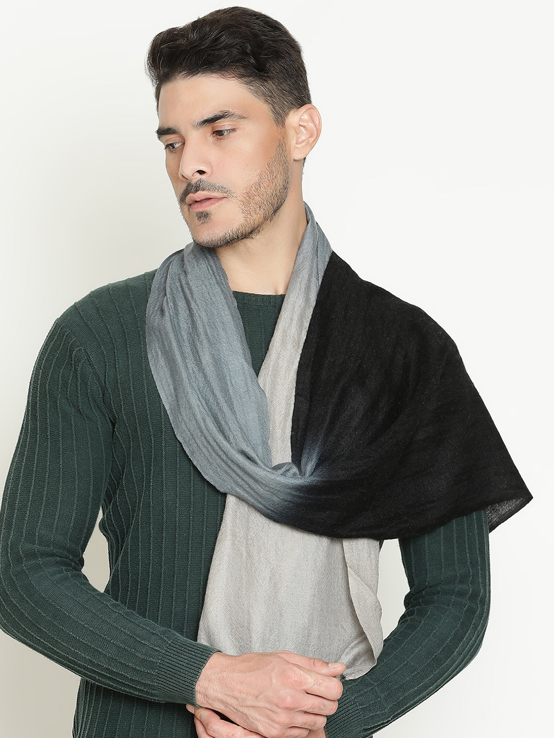 Ombre-Dyed Pure Cashmere Muffler – Light and Dark Grey