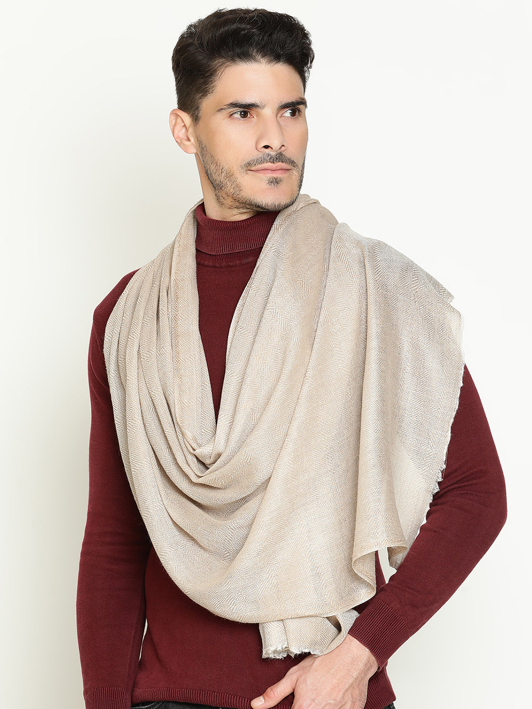 Elegant Wool-Blend Travel Unisex Scarf with Mixed Weave Patterns in Toosh Beige