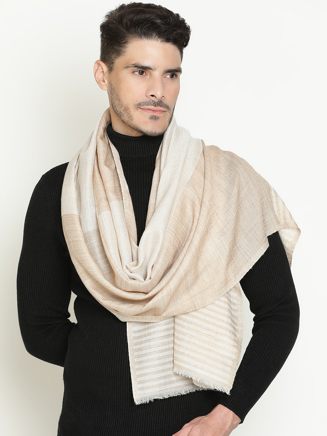 Contemporary Abstract Reversible Wool-Blend Toosh Ivory Stole for Men with Striped Border
