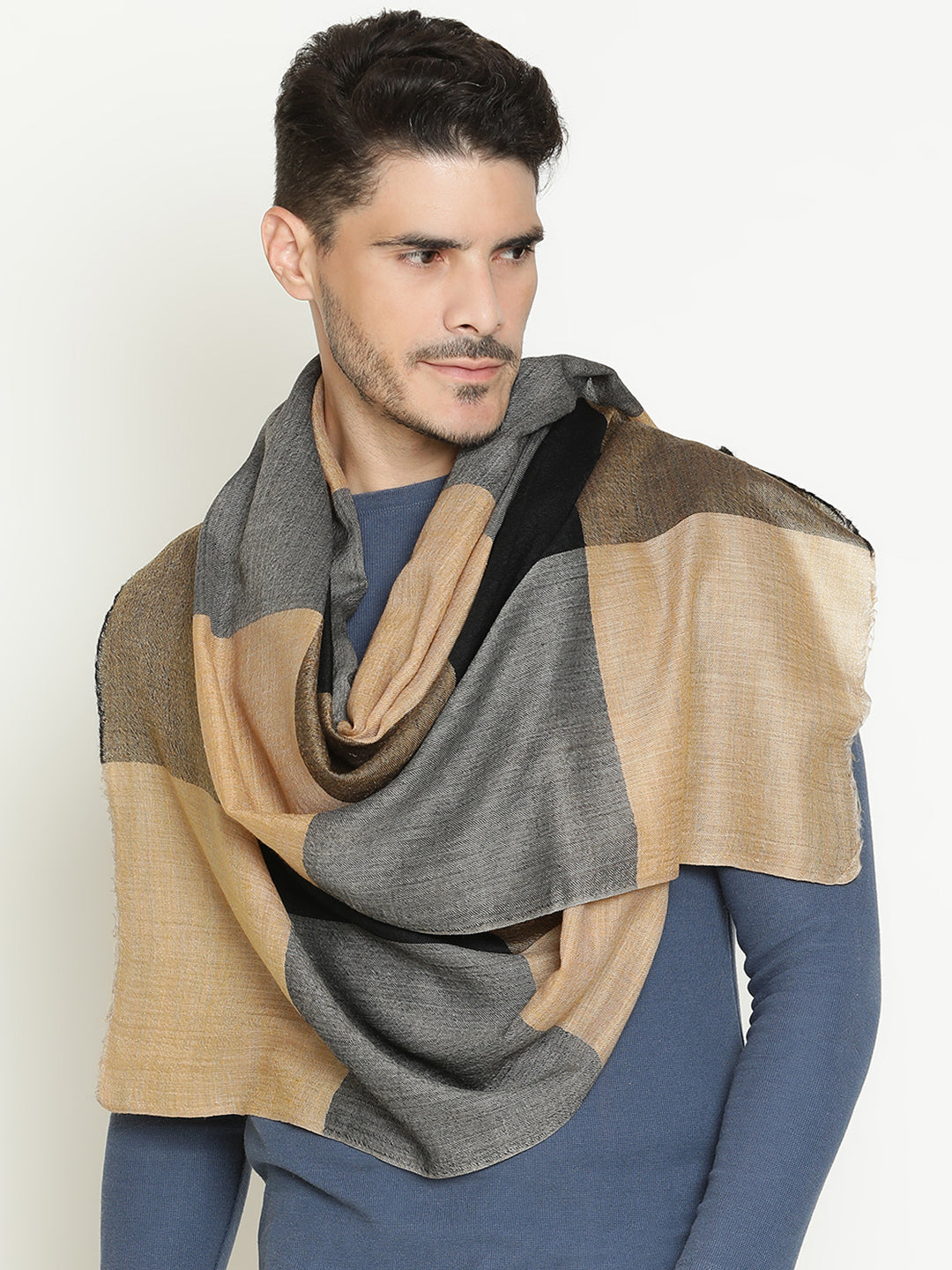 Luxury Big-Check Wool-Cashmere Unisex Scarf in Vibrant Earthy Mustard Color