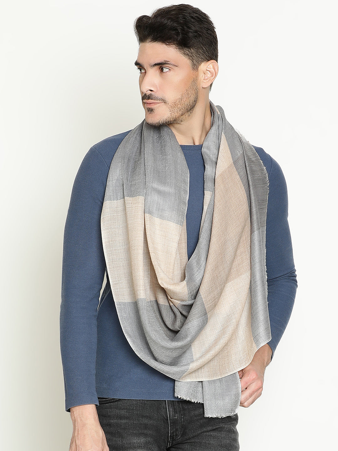 Soft Wool-Cashmere Unisex Scarf with Neutral Checks– Natural Blue & Toosh