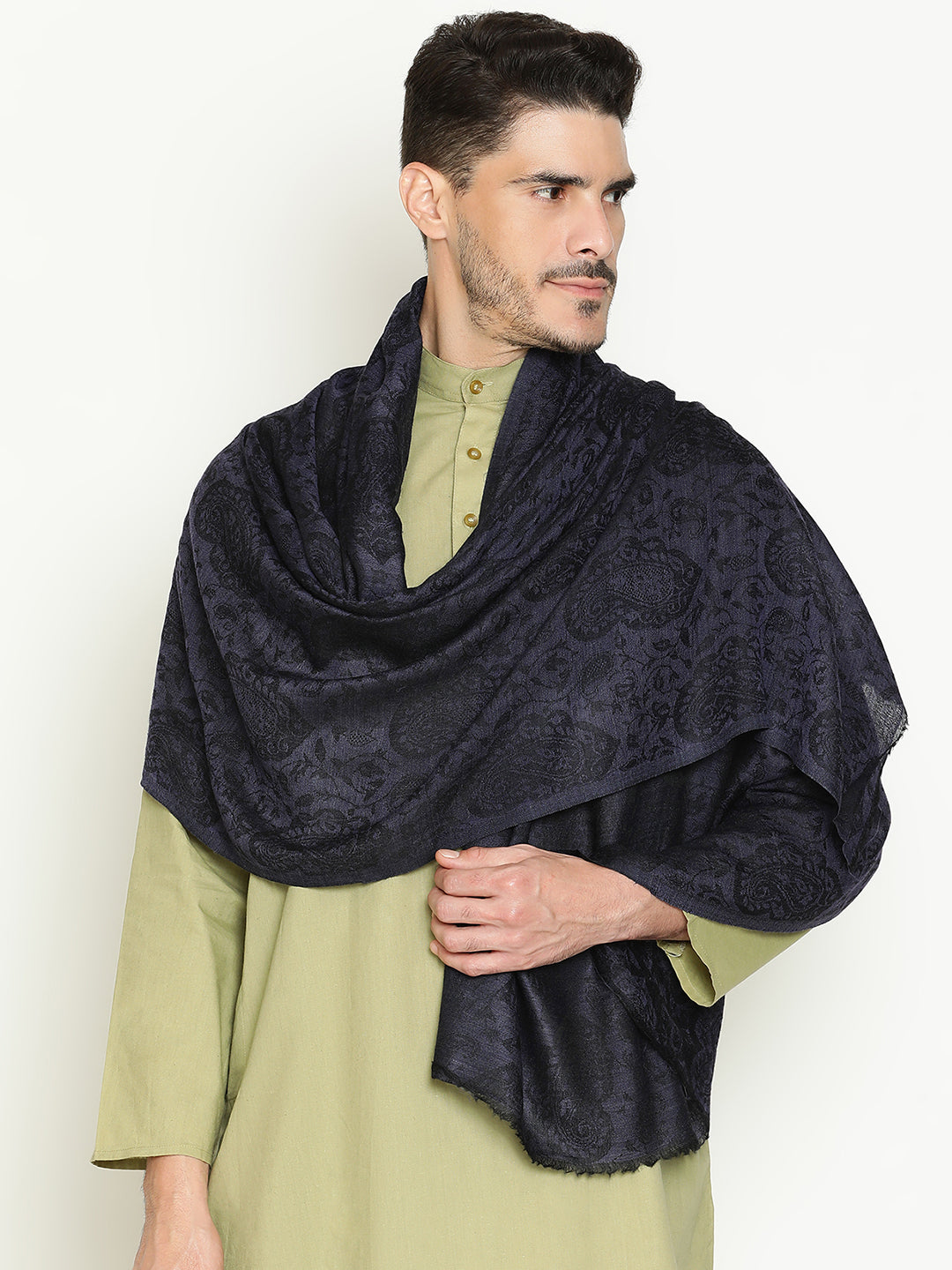 Timeless Wool-Blend Unisex Mens Shawl– Paisley in Rich Contemporary Navy Black Color