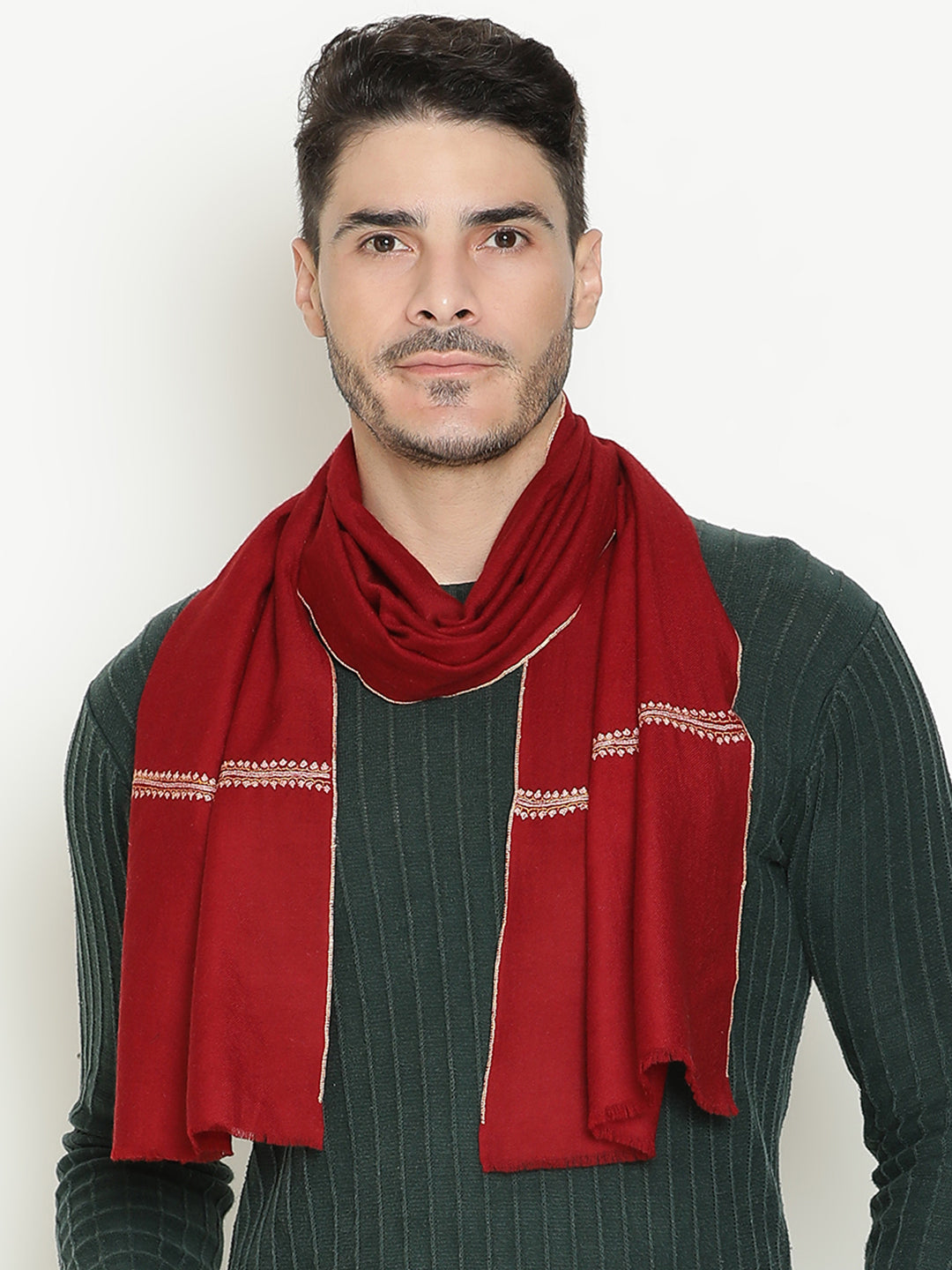 Hand-Embroidered Pure Cashmere Men’s Muffler – Deep Red