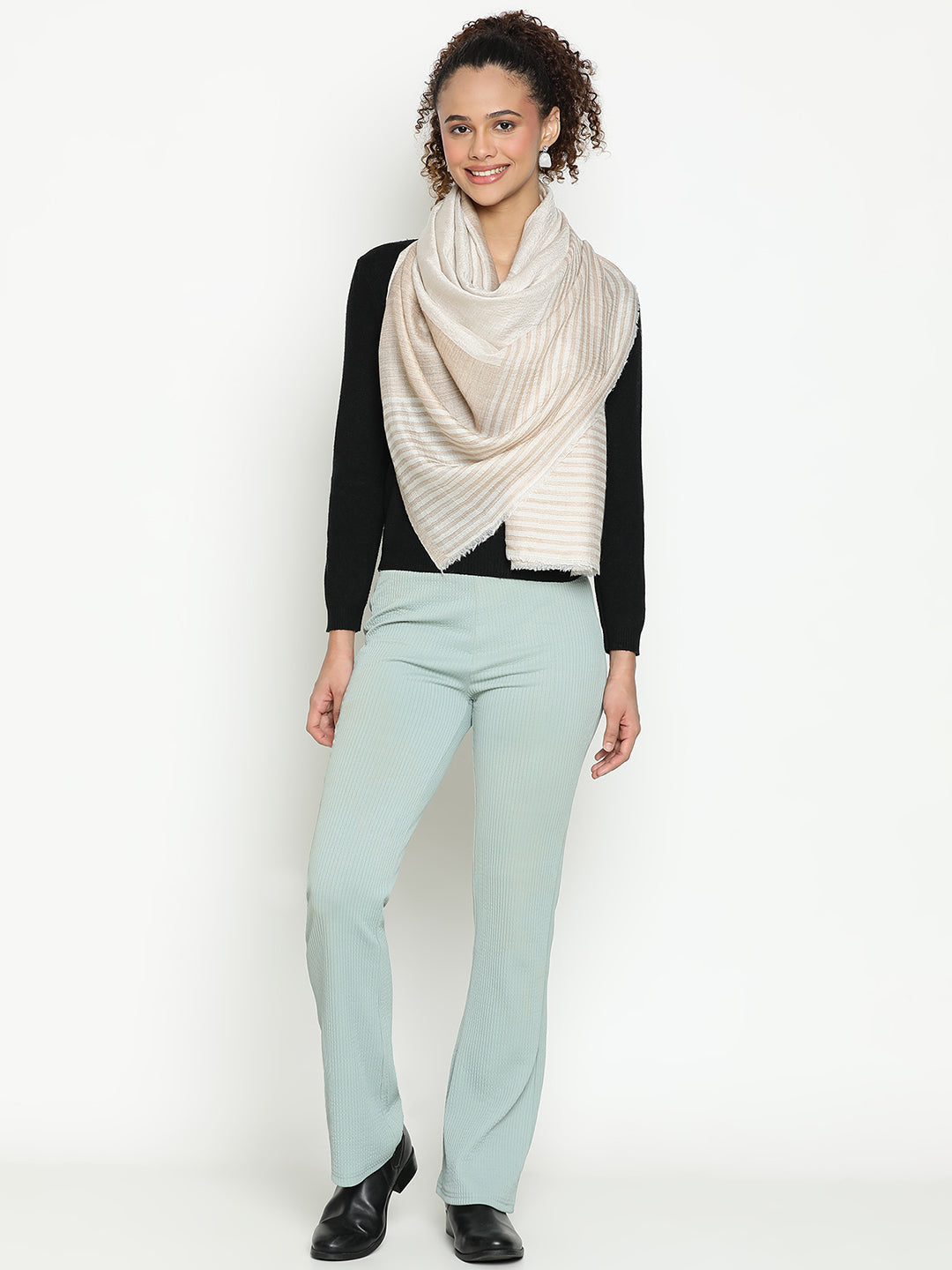 Contemporary Abstract Reversible Wool-Blend Toosh Ivory Stole for Women with Striped Border