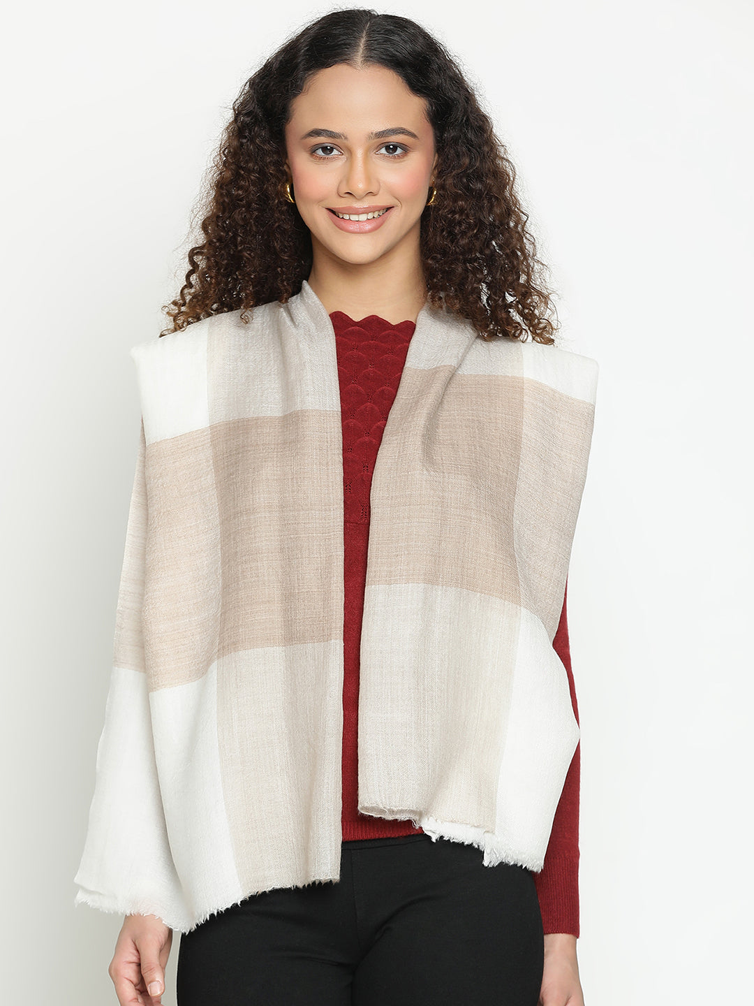 Classic Natural Beige & Toosh Checked Wool-Cashmere Stole