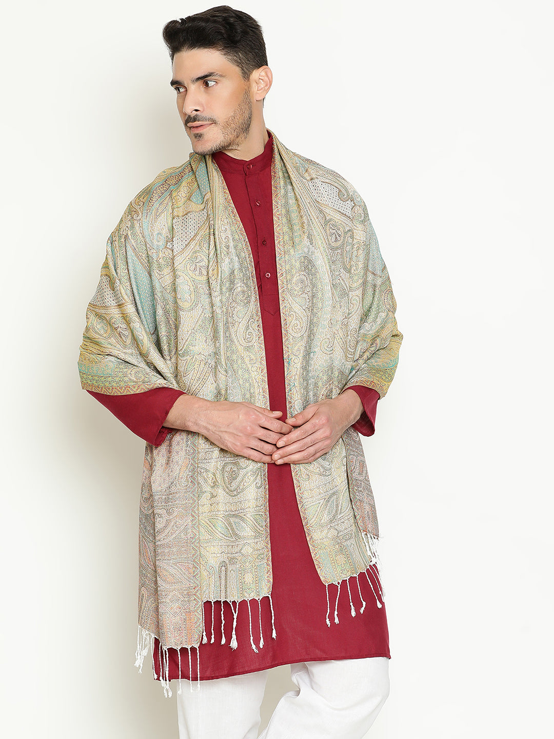 Jacquard Wool Modal Scarf with subtle sheen and ethnic paisley-Light Green