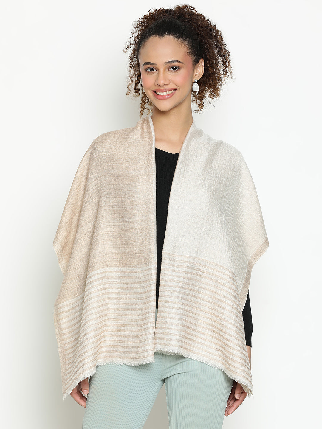 Contemporary Abstract Reversible Wool-Blend Toosh Ivory Stole for Women with Striped Border