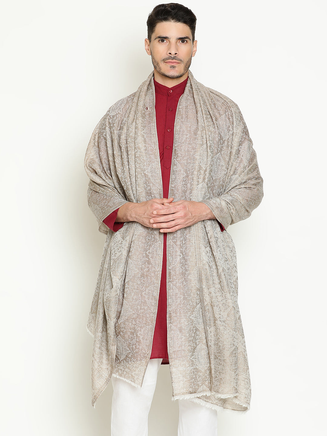 Timeless Wool-Blend Unisex Mens Shawl– Paisley in Rich Contemporary Beige Brown Color