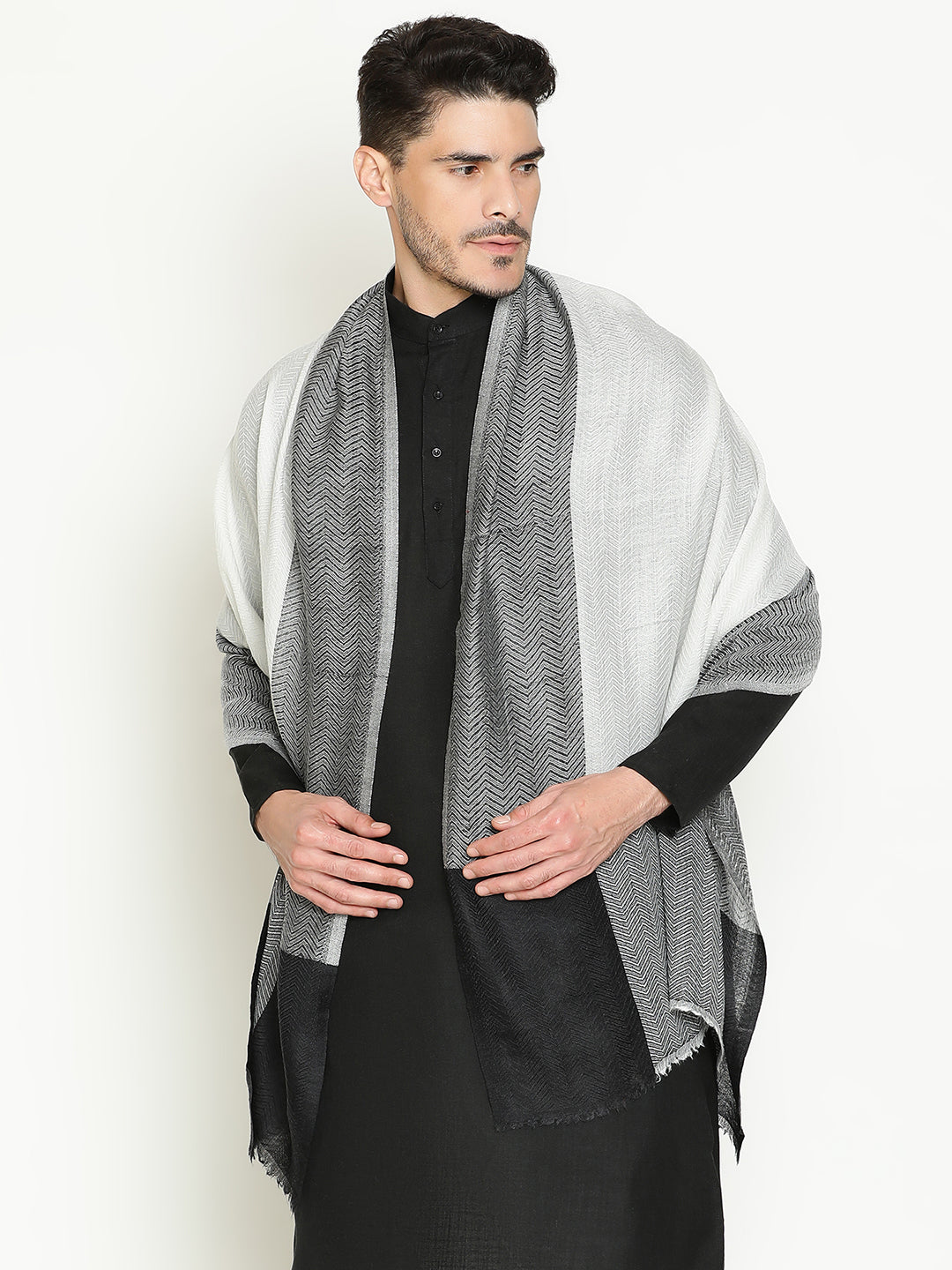 Premium Pure Wool Black and White Herringbone Scarf – Unisex Office & Formal Wear