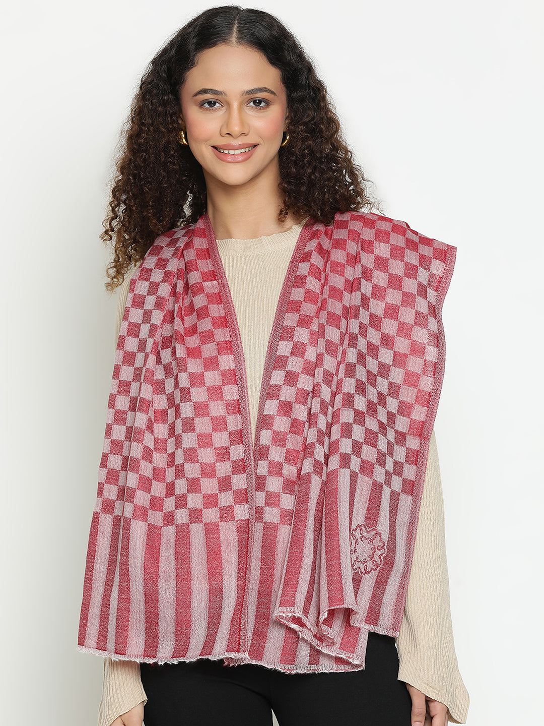 Contemporary Wool-Blend all over Checkered Weave Coral Red Stole