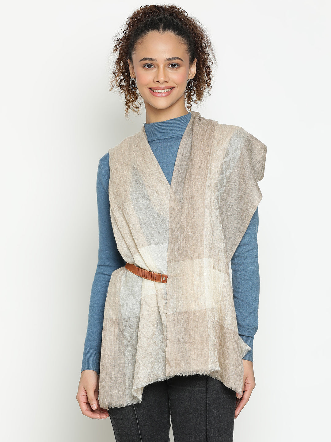 Pure Cashmere Natural Beige Hand-Jacquard Stole – all over Weave with Border Design