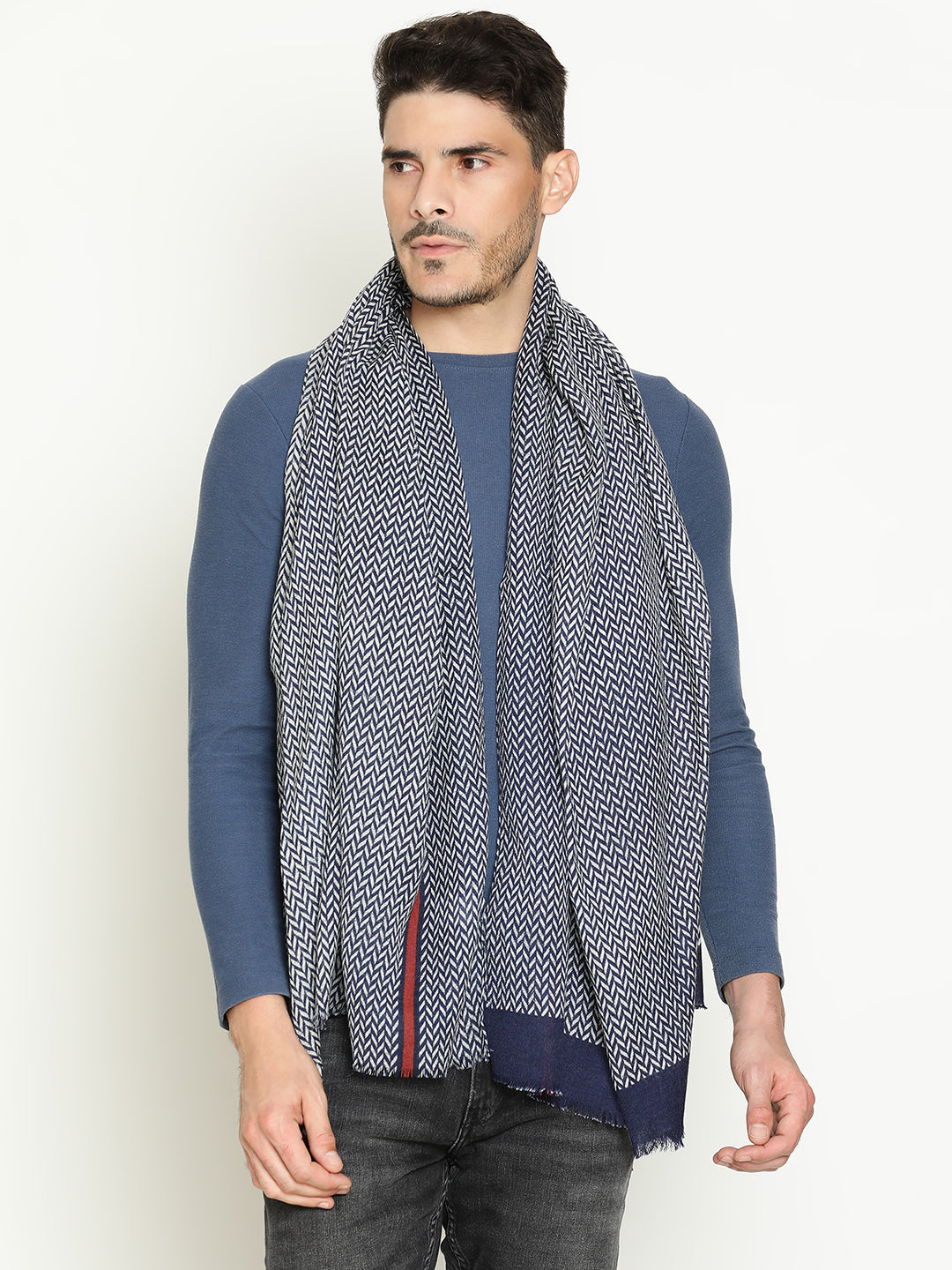 Men’s Printed Herringbone Scarf in Navy Pure Wool