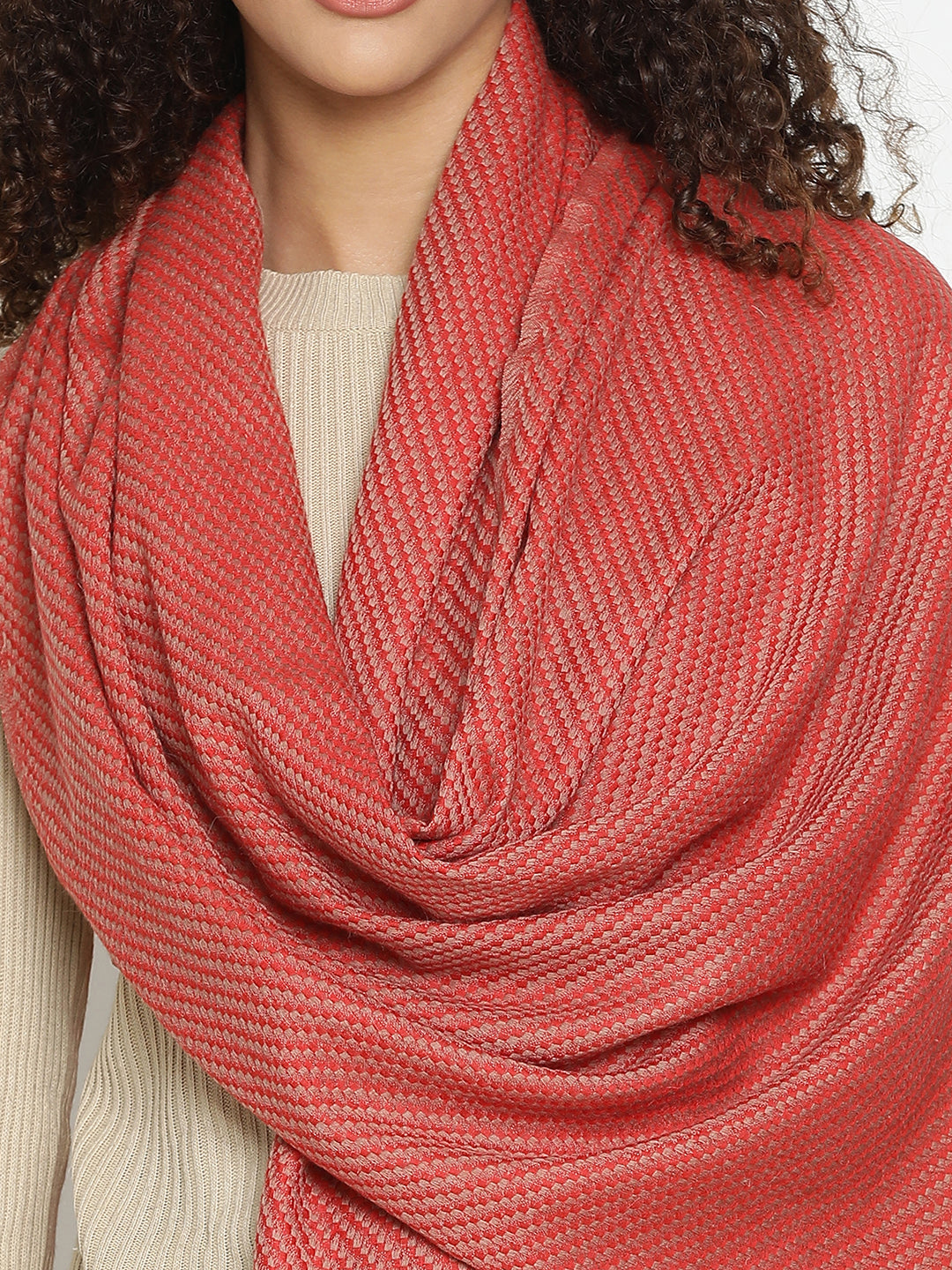 Bright Basket Weave Wool-Cashmere Scarf in Natural Tones