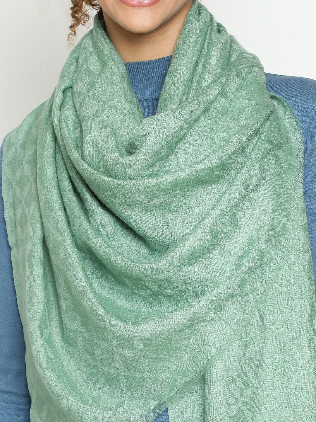 Pure Cashmere Mint GreenHand-Jacquard Stole – all over Weave Design