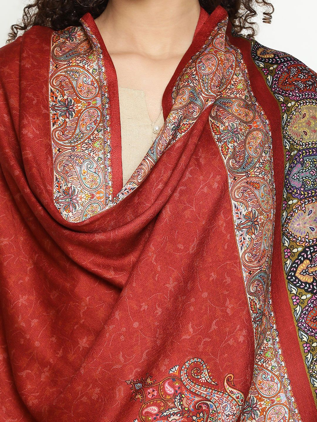 Heritage Printed Maroon Wool Blend Scarf with Paisley Border Detailing for Women