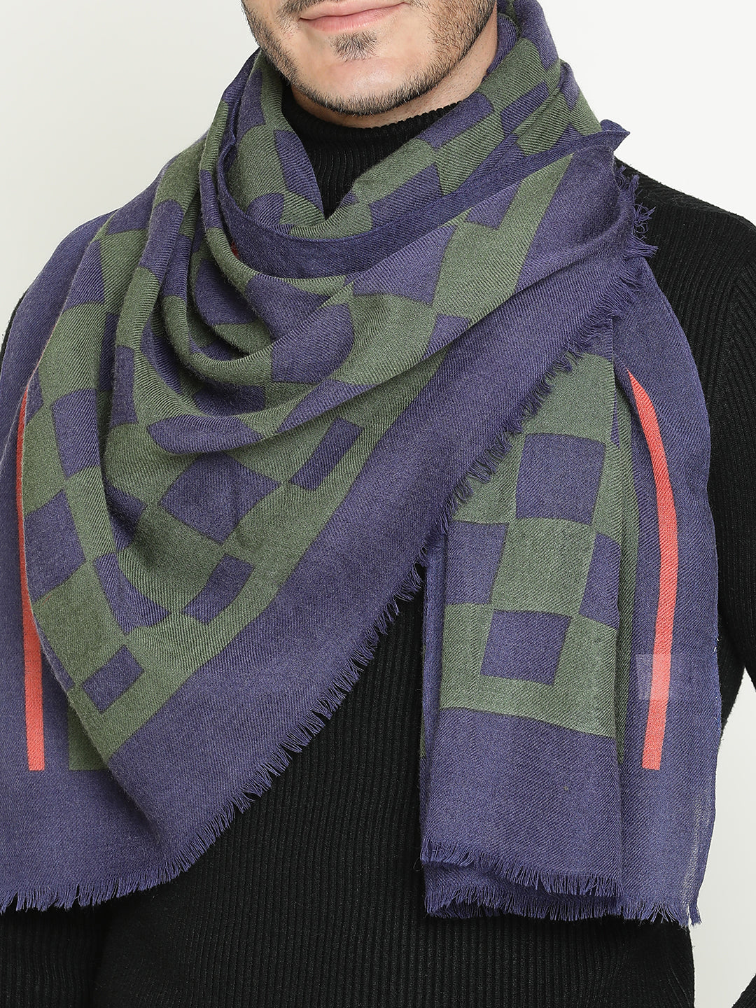 Men’s Wool Tartan Scarf – Classic Green Navy Checks with Red Accent