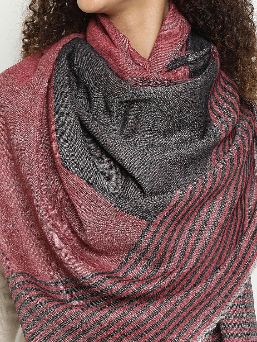 Contemporary Abstract Reversible Wool-Blend Maroon Black Stole for Women with Striped Border