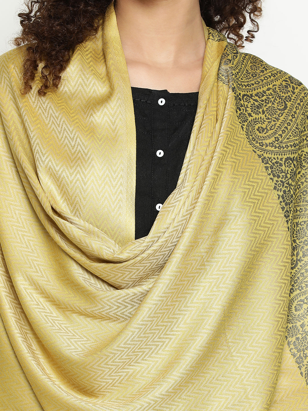 Herringbone Weave & Paisley Border Modal Wool-Blend Green Yellow Stole for Women