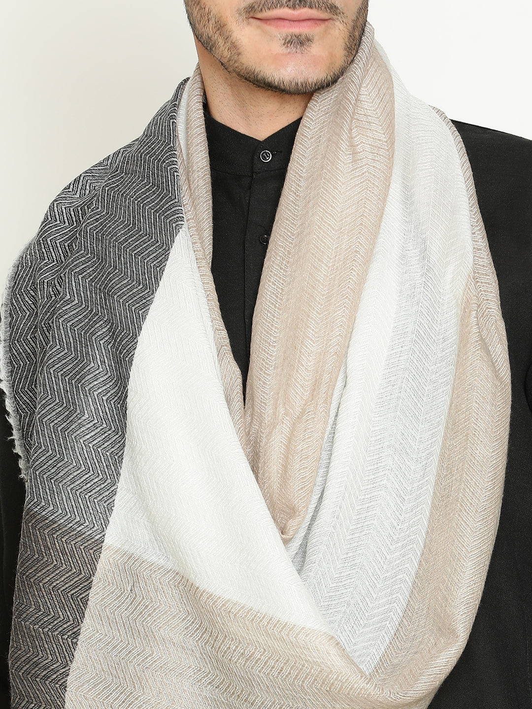 Ivory Black Herringbone Wool Muffler