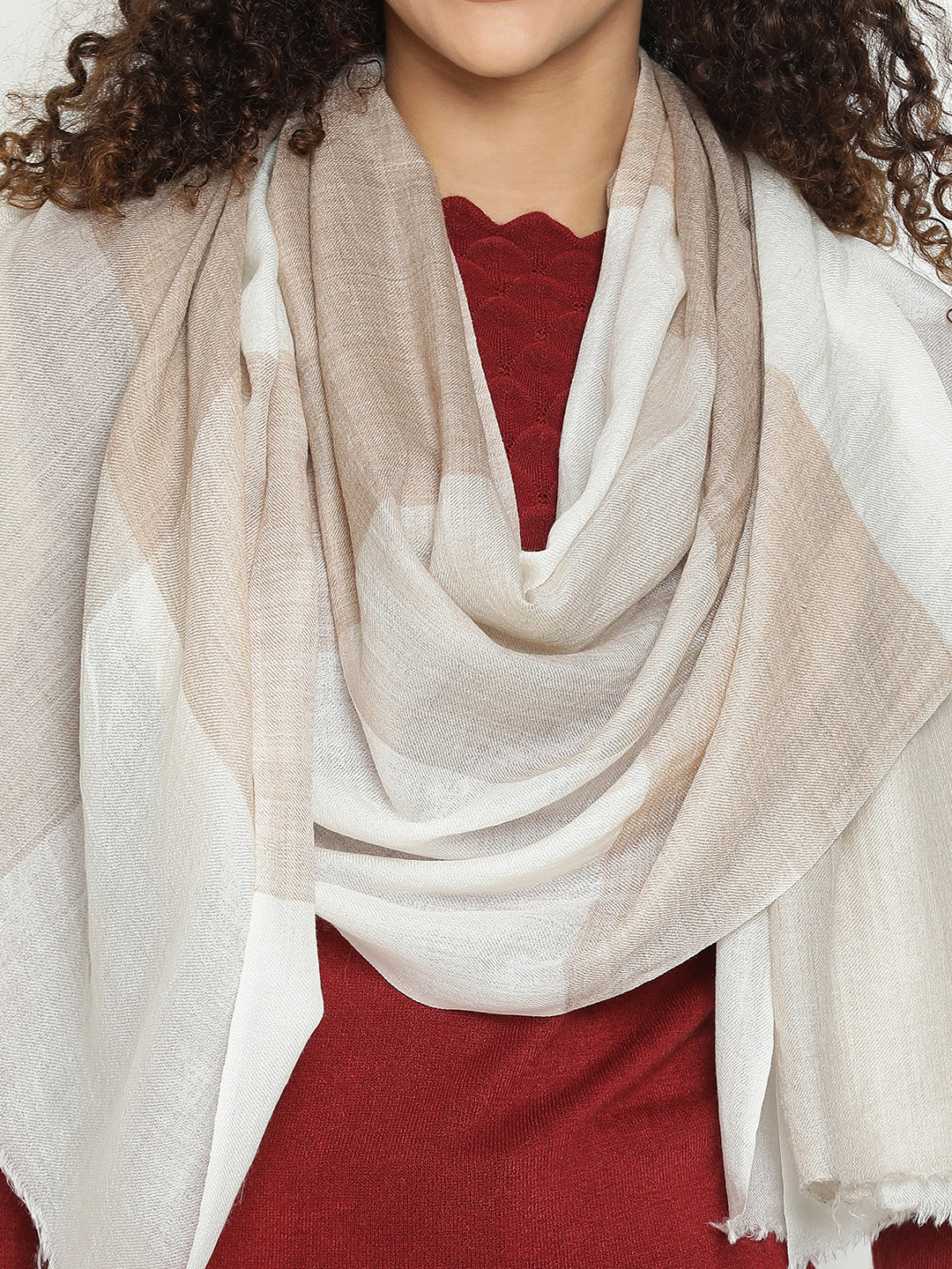 Beige & White Checked Wool Stole
