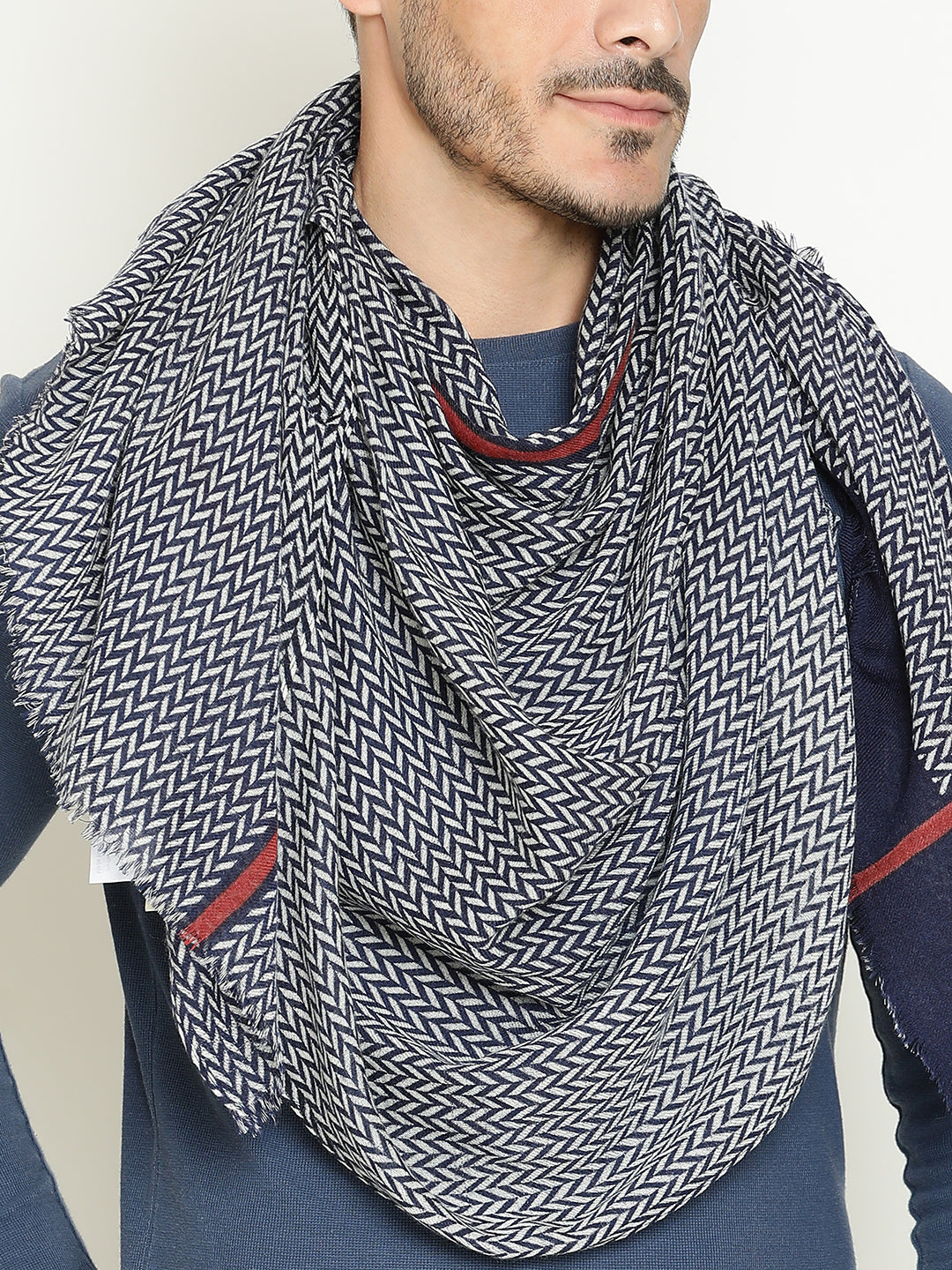 Navy Printed Herringbone wool muffler