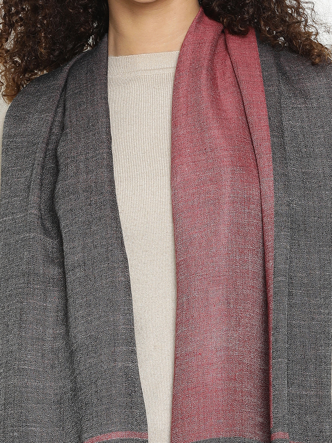 Contemporary Abstract Reversible Wool-Blend Maroon Black Stole for Women with Striped Border