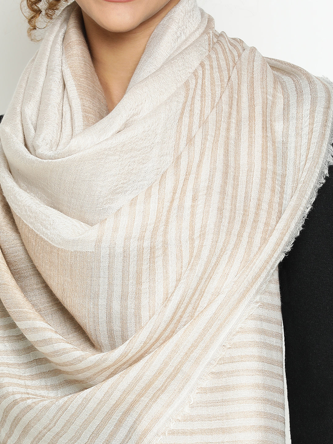 Contemporary Abstract Reversible Wool-Blend Toosh Ivory Stole for Women with Striped Border