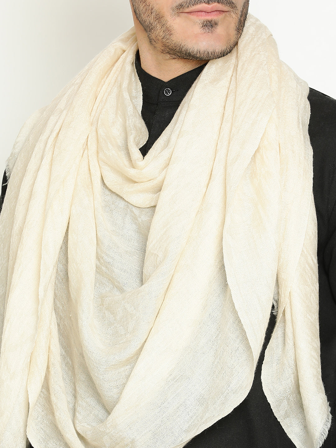 Pure Cashmere Natural Ivory Hand-Jacquard Stole – all over Weave