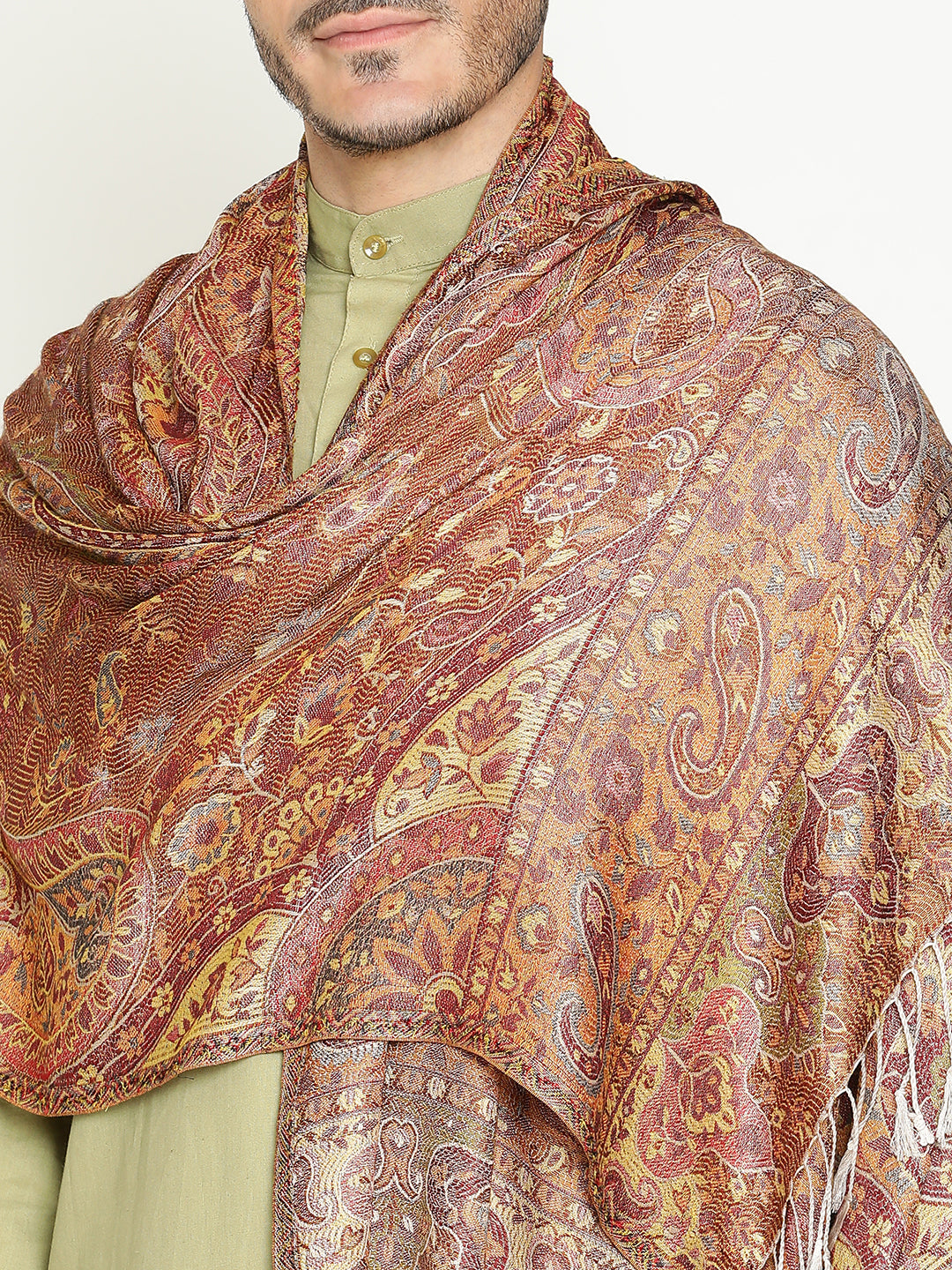 Jacquard Wool Modal Scarf with subtle sheen and ethnic paisley-Brown Beige