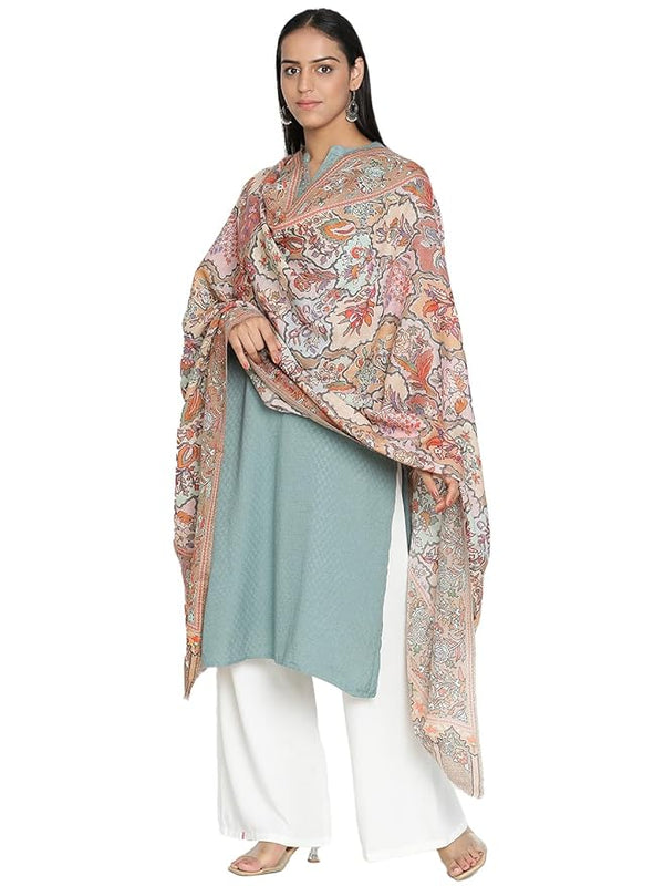 beige Embroidered Wool Shawl