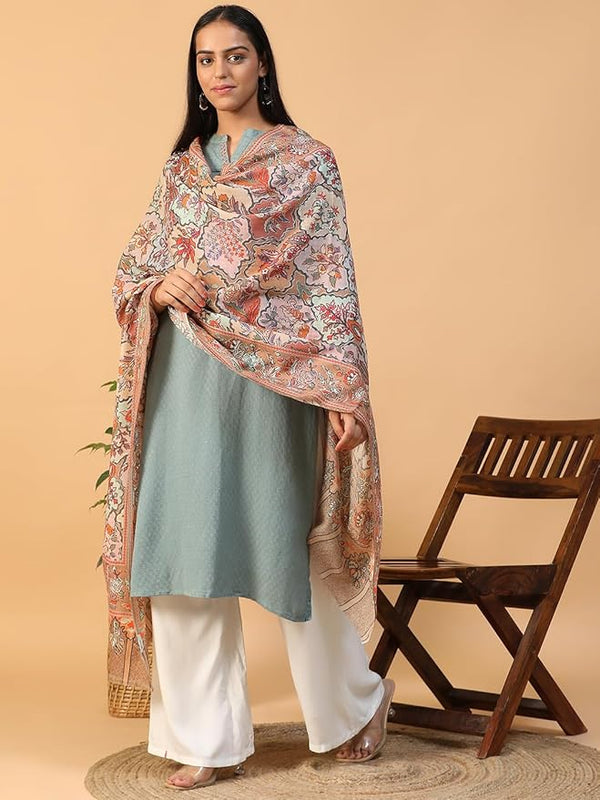 beige Embroidered Wool Shawl