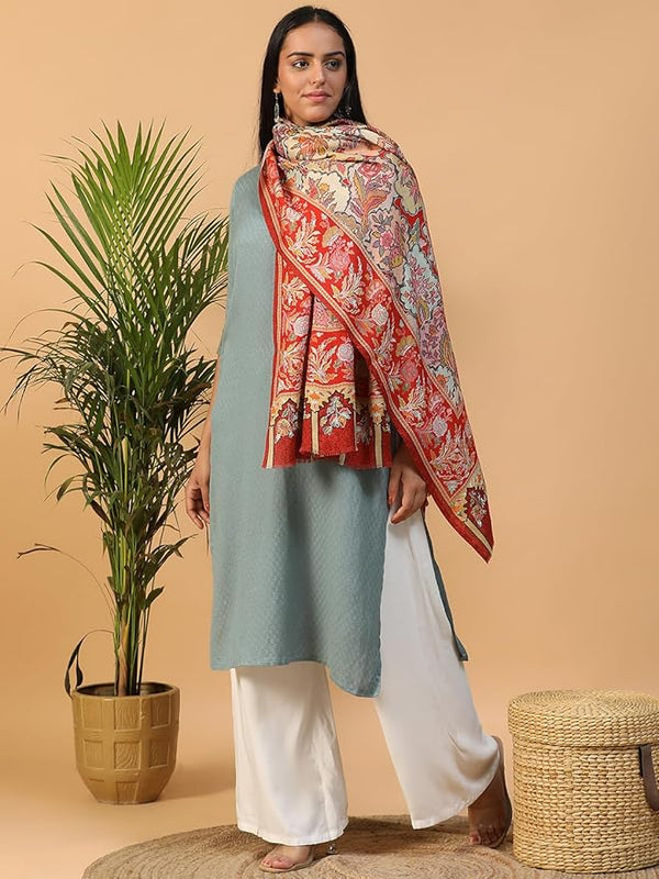 red Embroidered Wool Shawl
