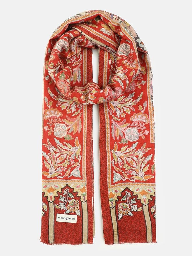 red Embroidered Wool Shawl