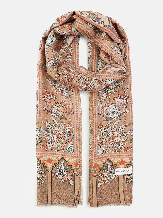 beige Embroidered Wool Shawl