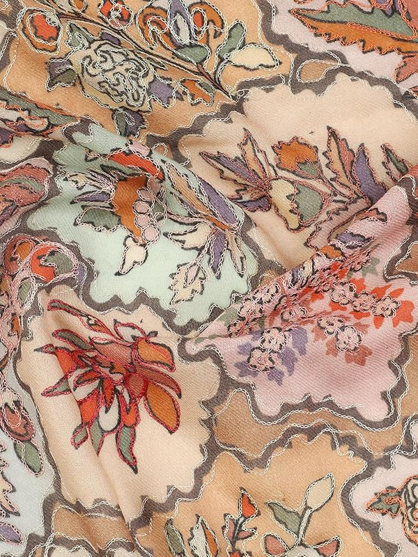 beige Embroidered Wool Shawl